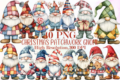 Christmas Patchwork Gnome Clipart PNG Bundle Cute Holiday Gnomes