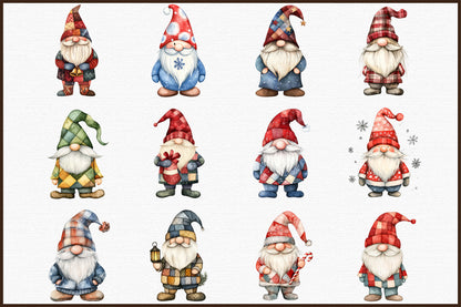 Christmas Patchwork Gnome Clipart PNG Bundle Cute Holiday Gnomes