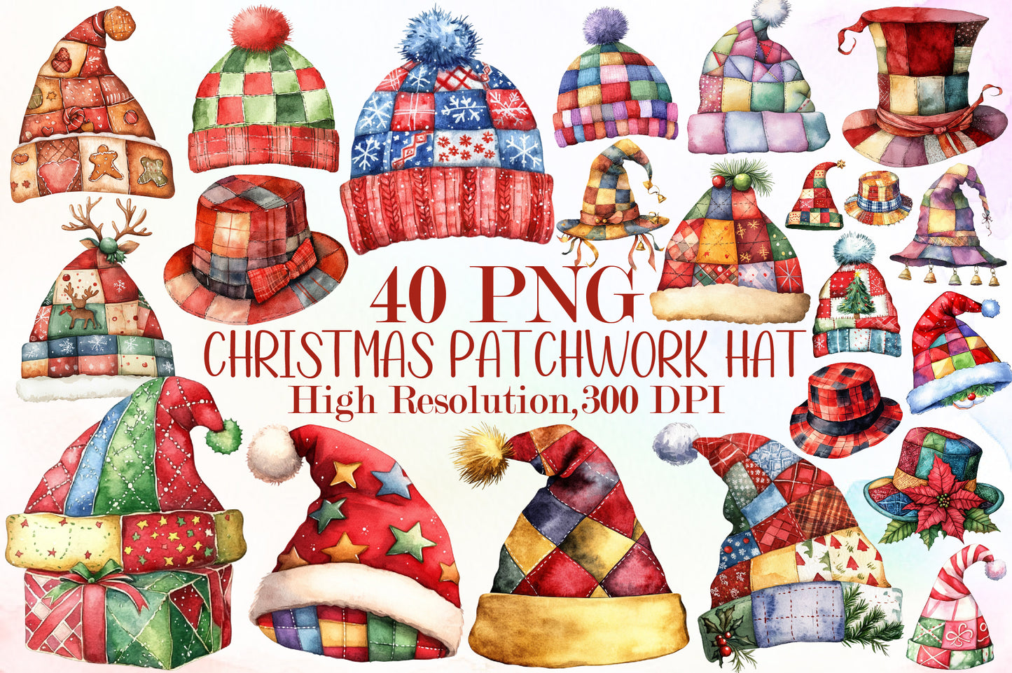 Christmas Patchwork Hat Clipart PNG Bundle Cute Winter Hats