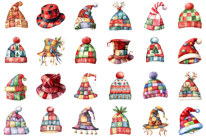 Christmas Patchwork Hat Clipart PNG Bundle Cute Winter Hats