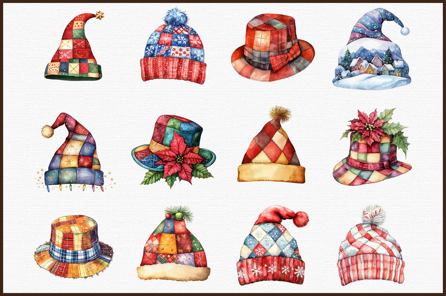 Christmas Patchwork Hat Clipart PNG Bundle Cute Winter Hats