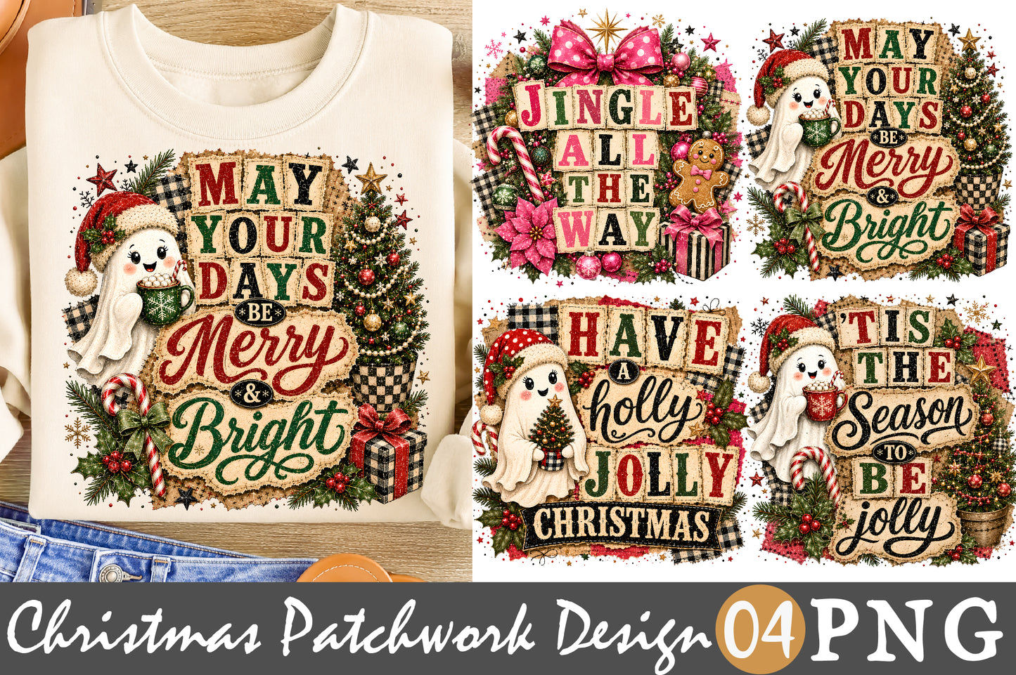 Christmas Patchwork Sublimation Bundle Cute Christmas Ghost PNG Designs