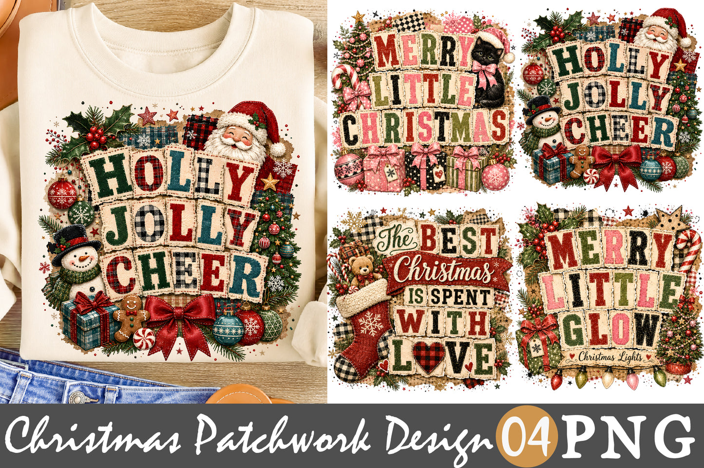 Holly Jolly Cheer PNG Bundle Christmas Patchwork Sublimation Designs