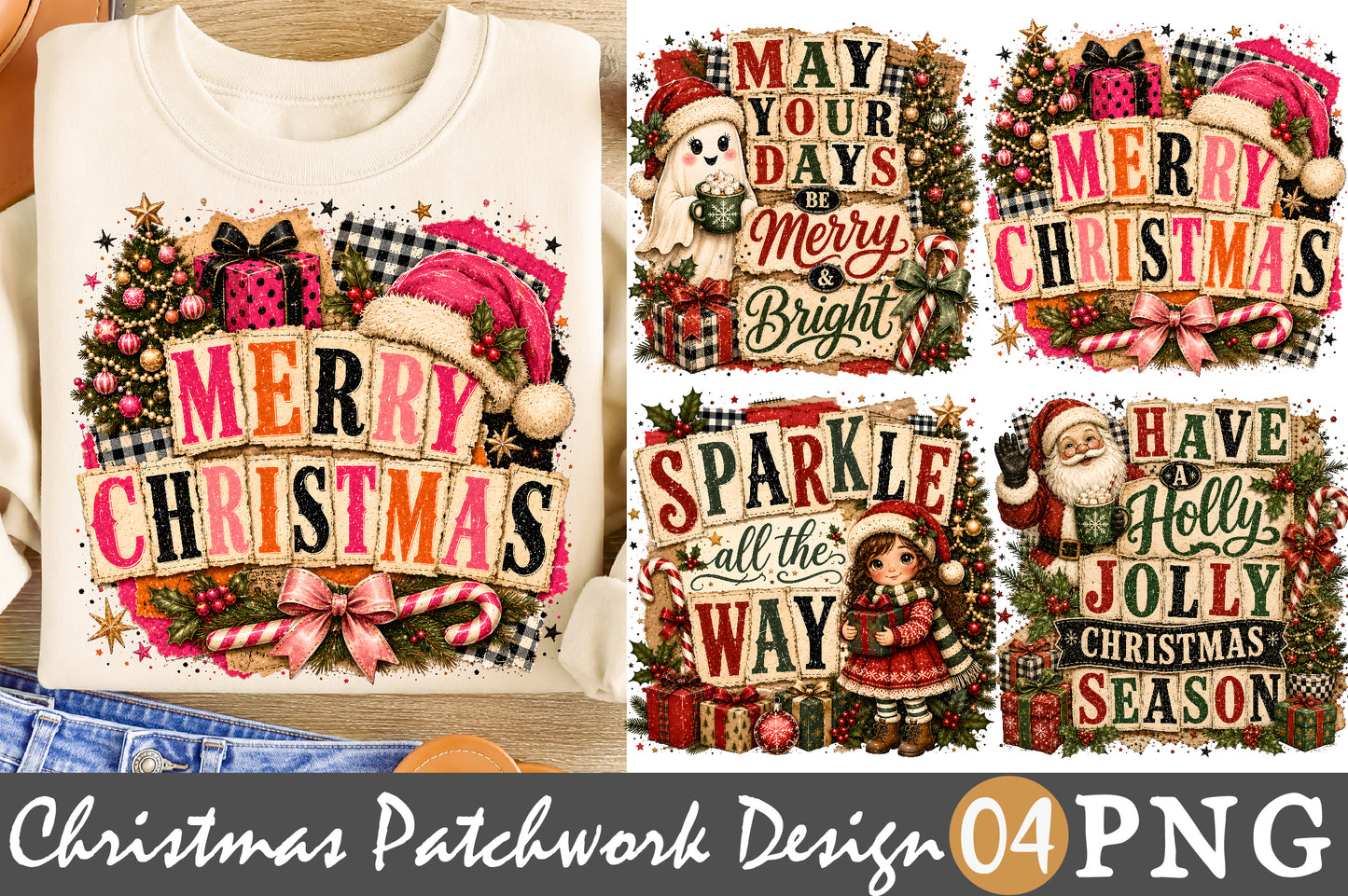 Merry Christmas Patchwork PNG Bundle Vintage Holiday Sublimation Designs