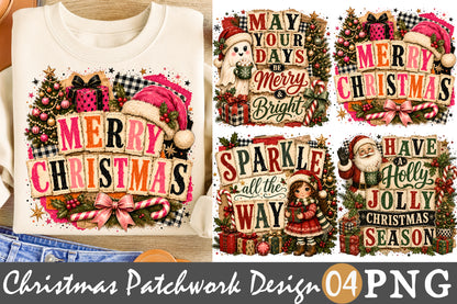 Merry Christmas Patchwork PNG Bundle Vintage Holiday Sublimation Designs