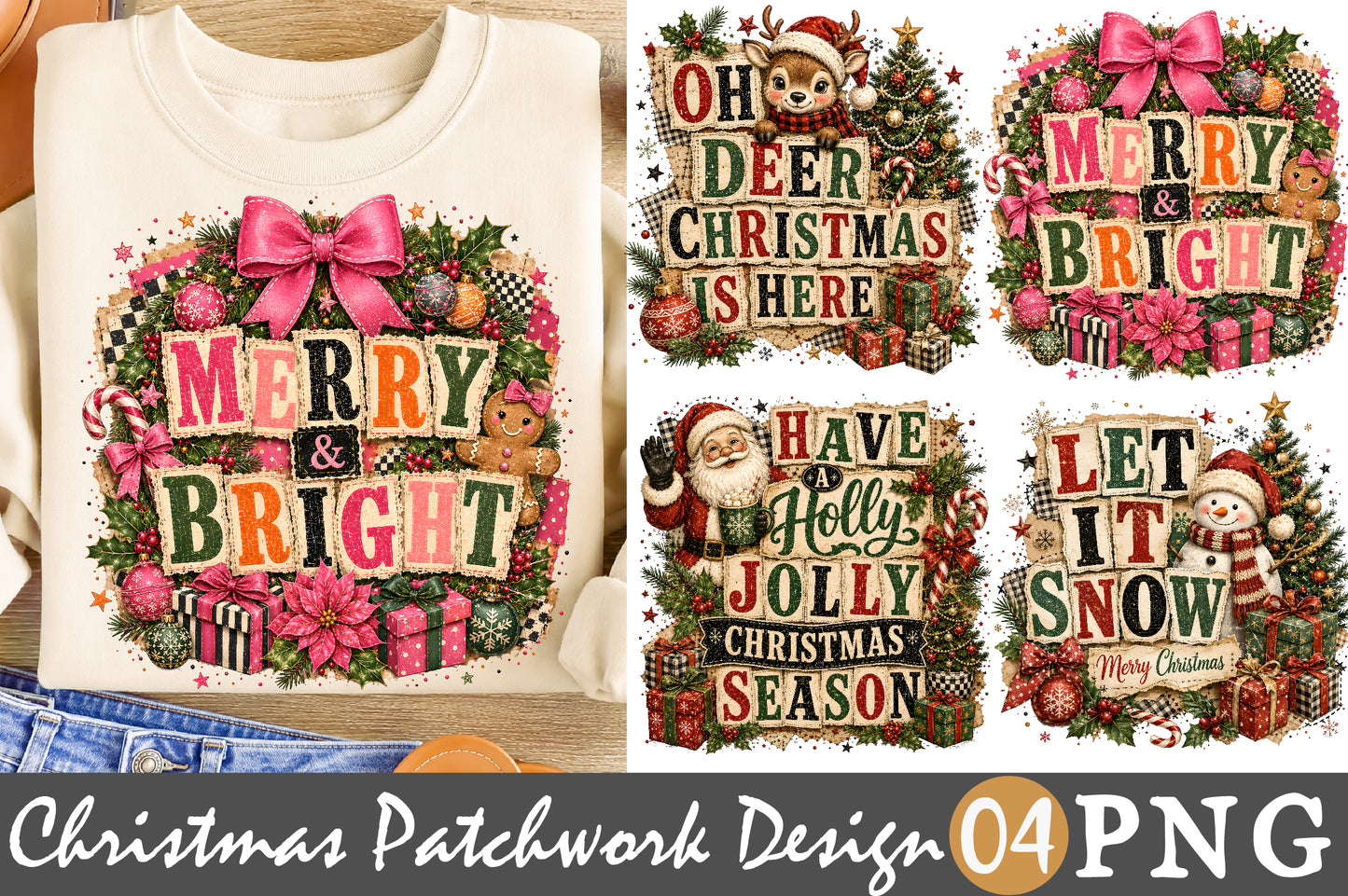 Merry and Bright Christmas Patchwork PNG Bundle Sublimation Designs