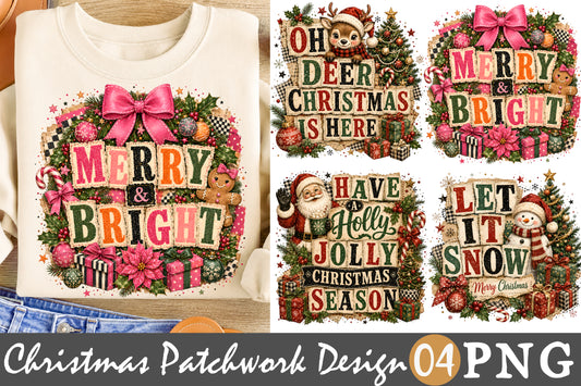 Merry and Bright Christmas Patchwork PNG Bundle Sublimation Designs