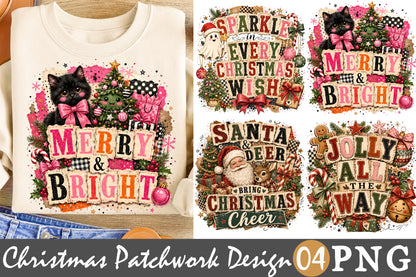 Pink Christmas Patchwork PNG Bundle Merry and Bright Sublimation Designs