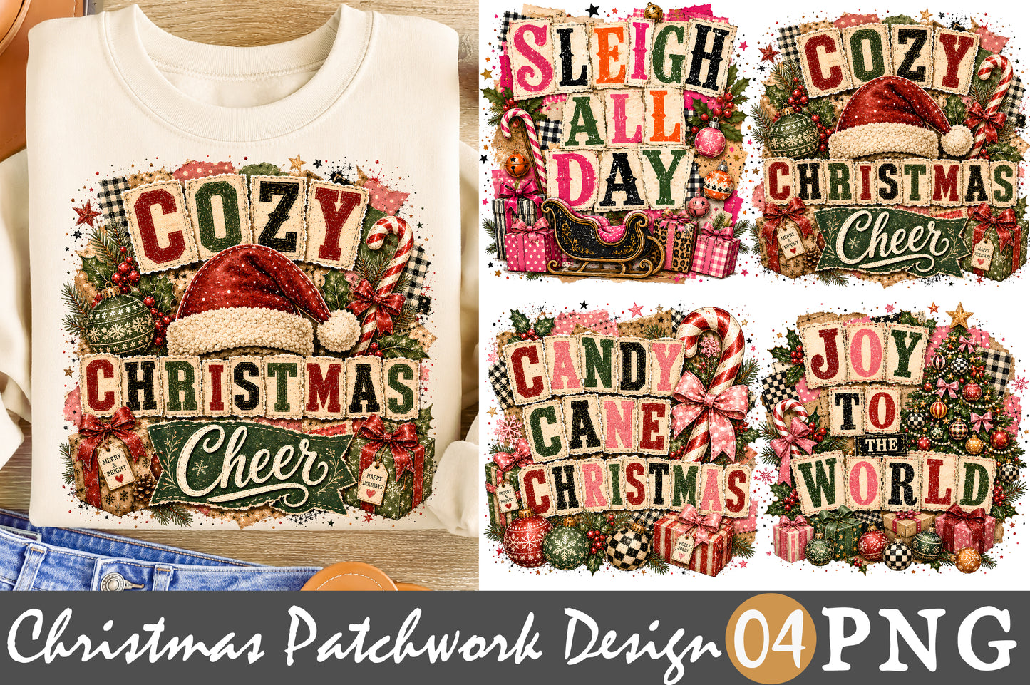 Cozy Christmas Cheer PNG Bundle Christmas Patchwork Sublimation Designs