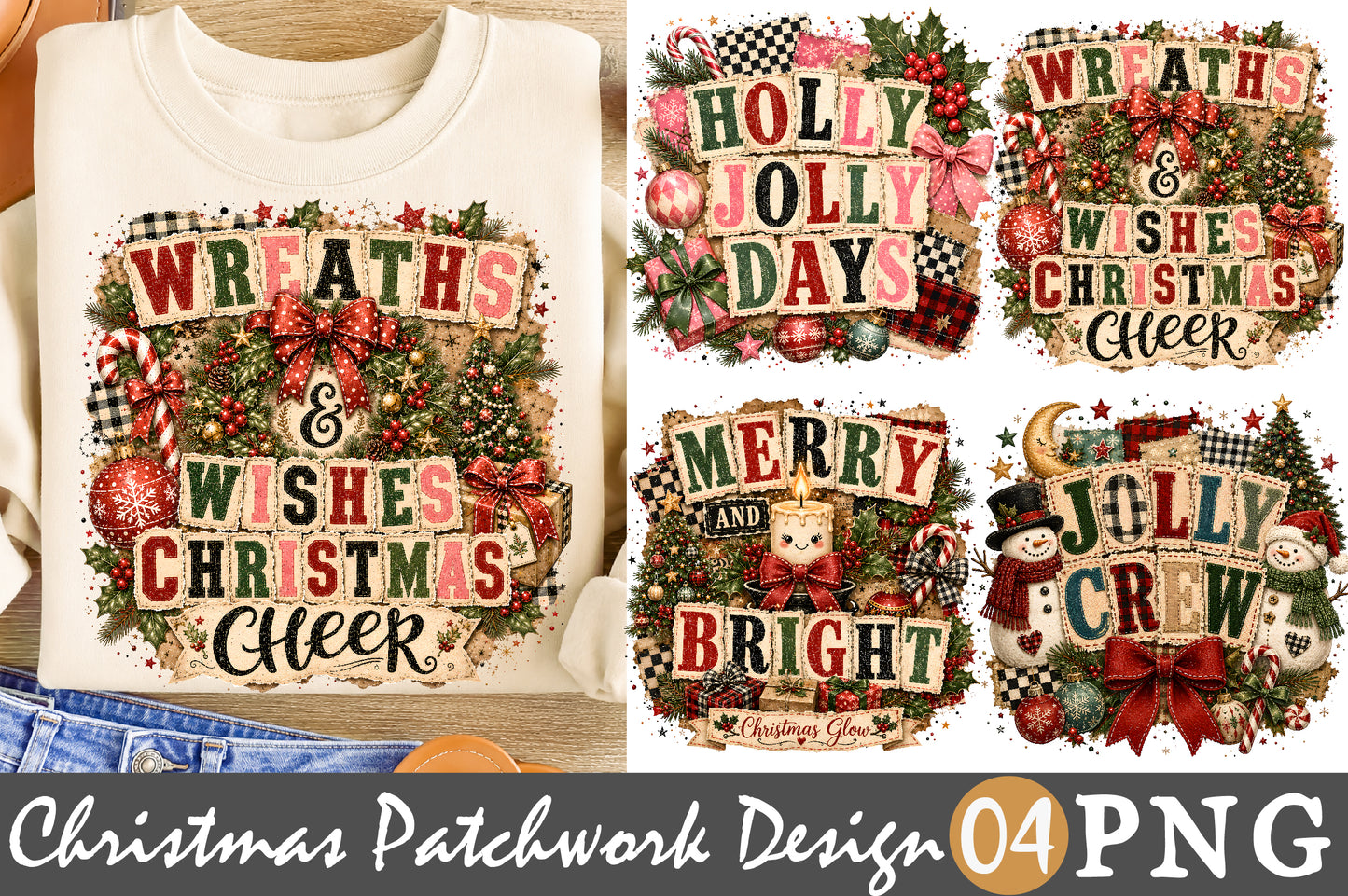 Christmas Wreaths Wishes PNG Bundle Holly Jolly Patchwork Sublimation Designs