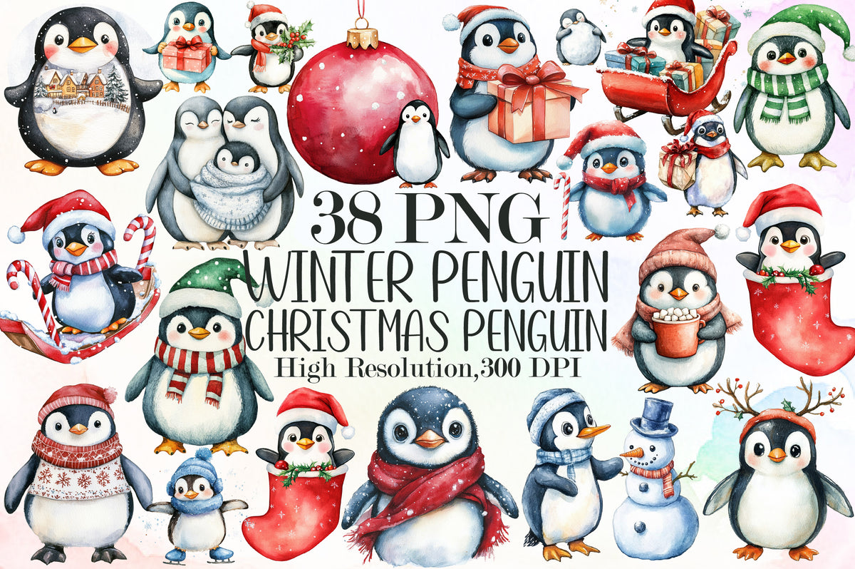Watercolor Christmas Penguin Clipart PNG Bundle