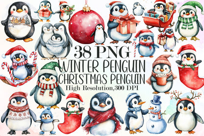 Watercolor Christmas Penguin Clipart PNG Bundle