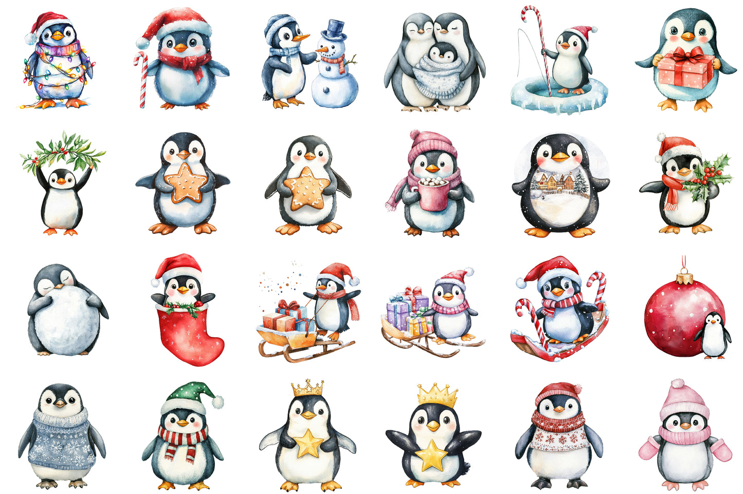 Watercolor Christmas Penguin Clipart PNG Bundle