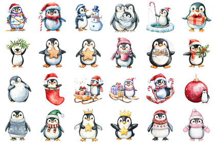 Watercolor Christmas Penguin Clipart PNG Bundle