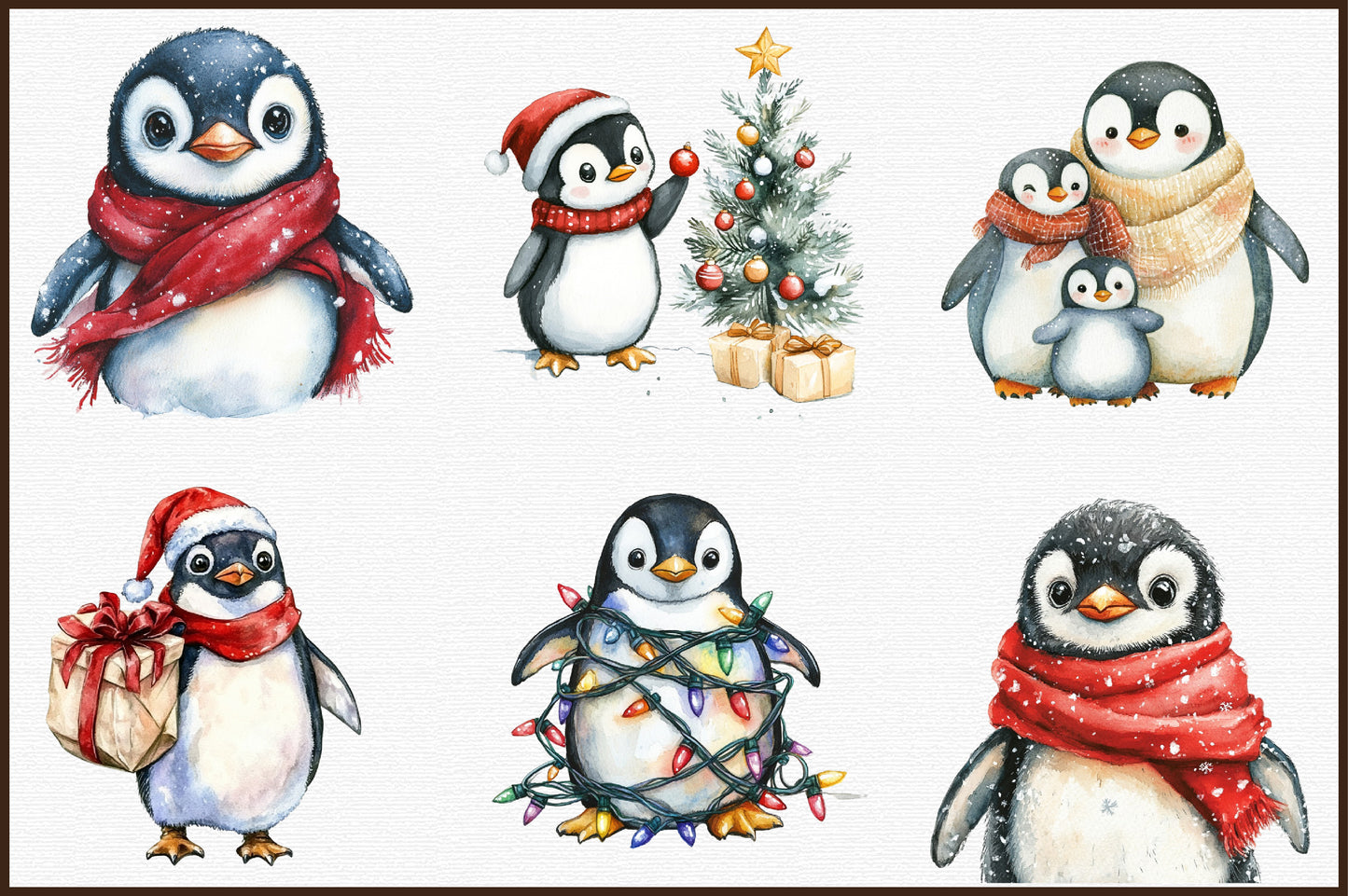 Watercolor Christmas Penguin Clipart PNG Bundle
