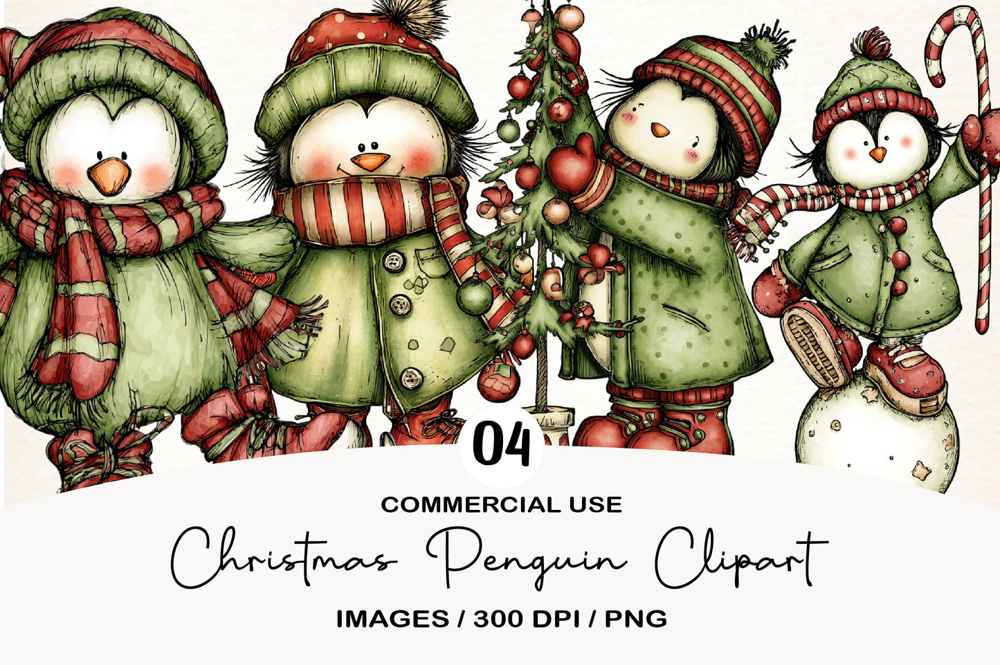 Christmas Penguin Clipart PNG Bundle | Cute Watercolor Holiday Penguin Clipart | Festive Winter Penguin PNG