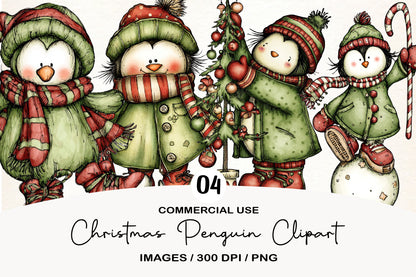 Christmas Penguin Clipart PNG Bundle | Cute Watercolor Holiday Penguin Clipart | Festive Winter Penguin PNG