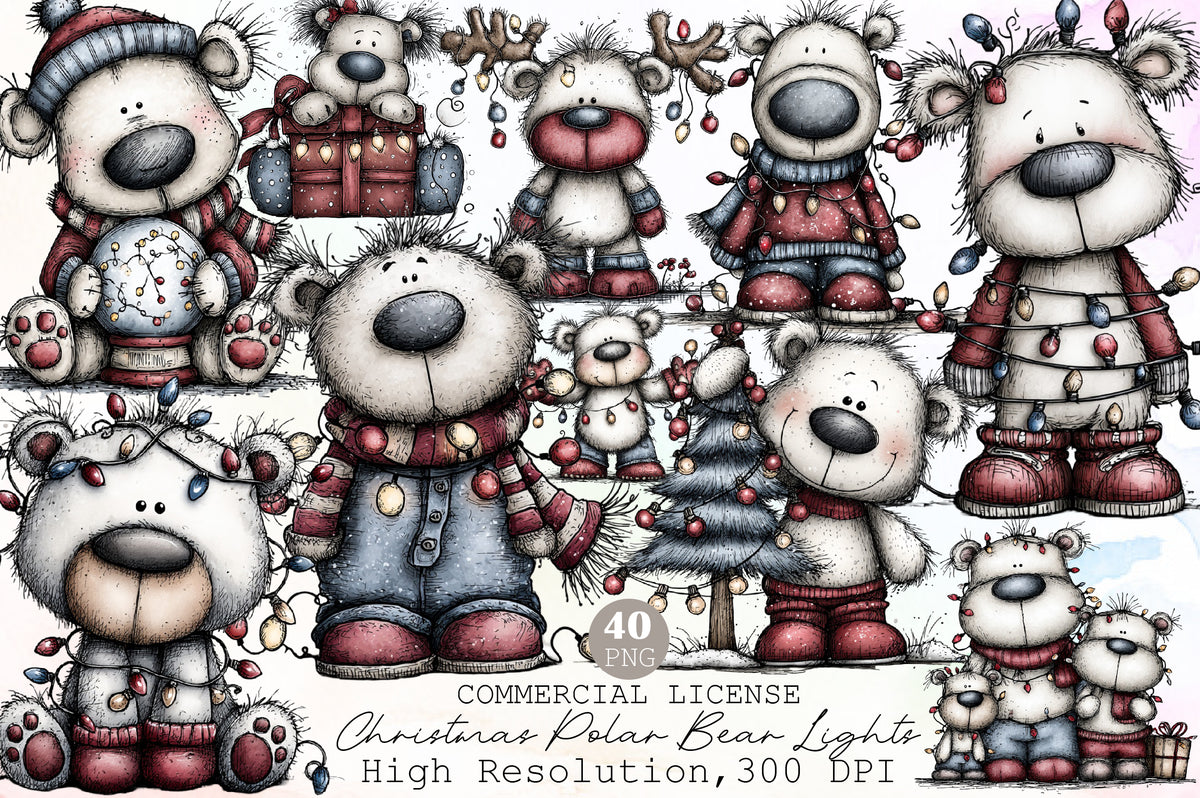 Christmas Polar Bear Lights Watercolor Clipart PNG Bundle