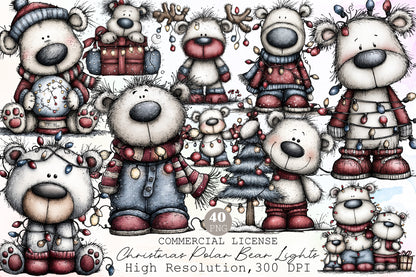 Christmas Polar Bear Lights Watercolor Clipart PNG Bundle