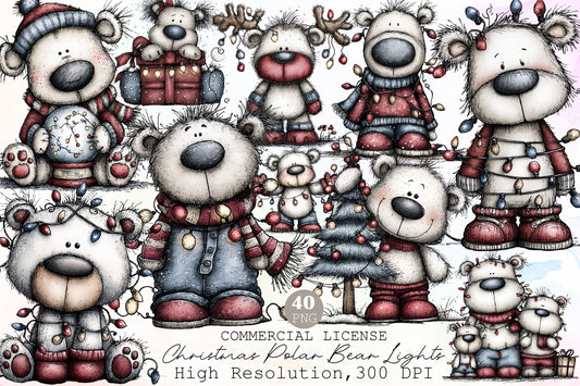 Christmas Polar Bear Lights Watercolor Clipart PNG Bundle