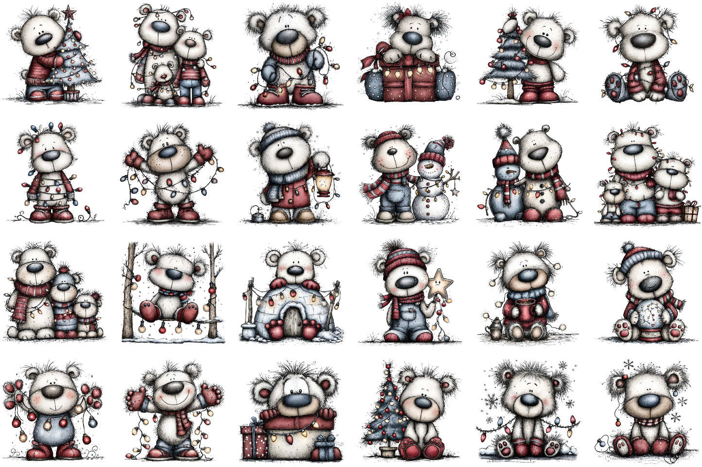 Christmas Polar Bear Lights Watercolor Clipart PNG Bundle