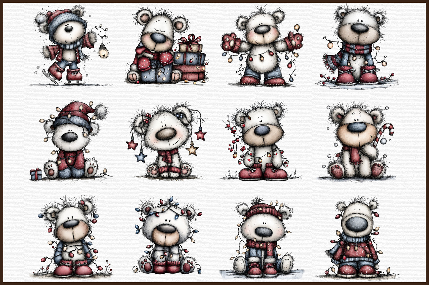 Christmas Polar Bear Lights Watercolor Clipart PNG Bundle