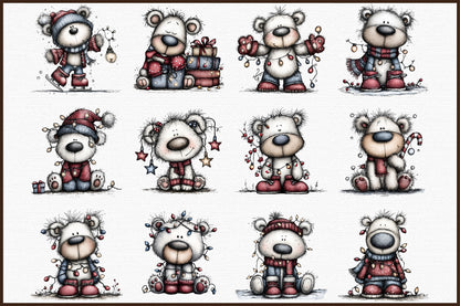 Christmas Polar Bear Lights Watercolor Clipart PNG Bundle