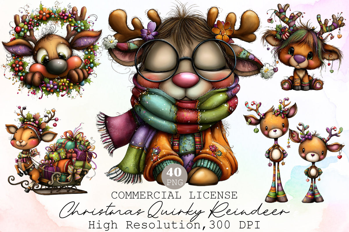 Christmas Quirky Reindeer Watercolor Clipart PNG Bundle