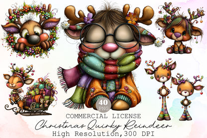 Christmas Quirky Reindeer Watercolor Clipart PNG Bundle