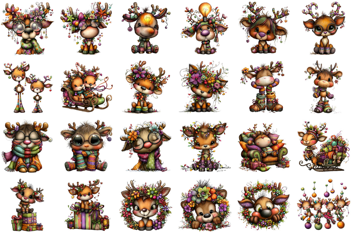 Christmas Quirky Reindeer Watercolor Clipart PNG Bundle