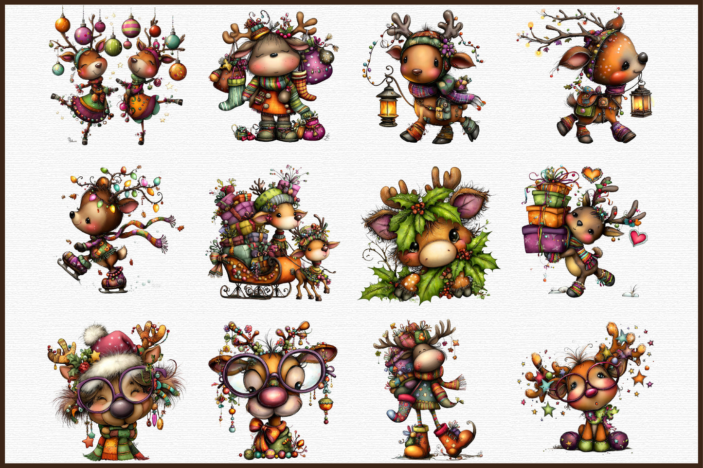 Christmas Quirky Reindeer Watercolor Clipart PNG Bundle
