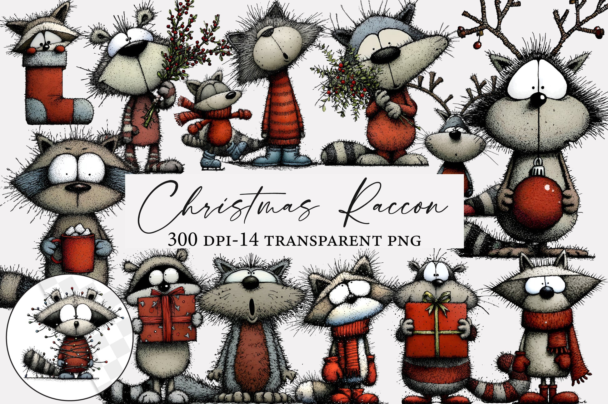 Christmas Raccoon PNG Cute Woodland Animal Clipart Sublimation