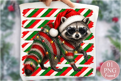 Christmas Raccoon PNG Santa Hat Candy Cane Sublimation Design