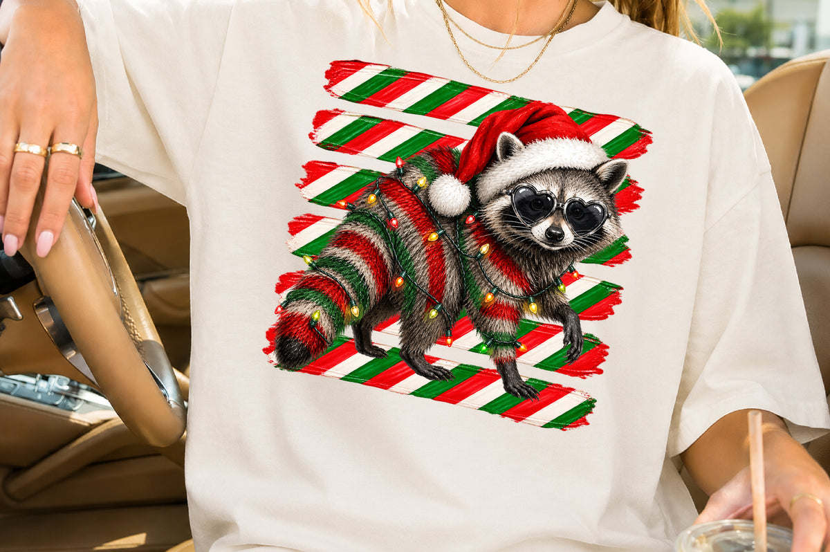 Christmas Raccoon PNG Santa Hat Candy Cane Sublimation Design