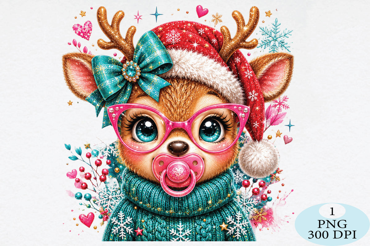 Cute Christmas Reindeer Baby Pink Glasses PNG