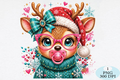 Cute Christmas Reindeer Baby Pink Glasses PNG