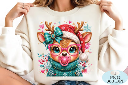 Cute Christmas Reindeer Baby Pink Glasses PNG