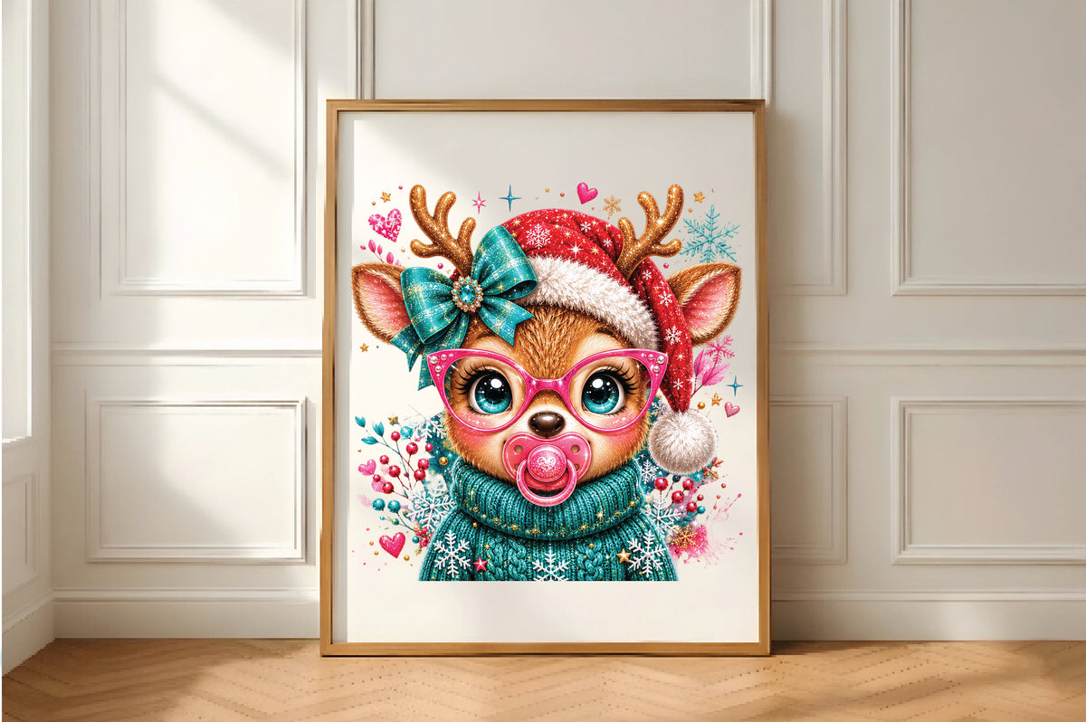 Cute Christmas Reindeer Baby Pink Glasses PNG