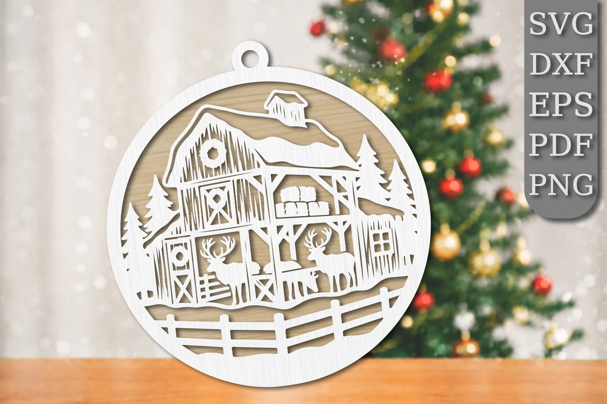 Christmas Reindeer Barn Ornament SVG | Winter Farmhouse Laser Cut Design