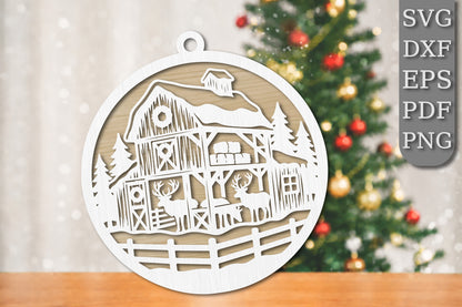 Christmas Reindeer Barn Ornament SVG | Winter Farmhouse Laser Cut Design