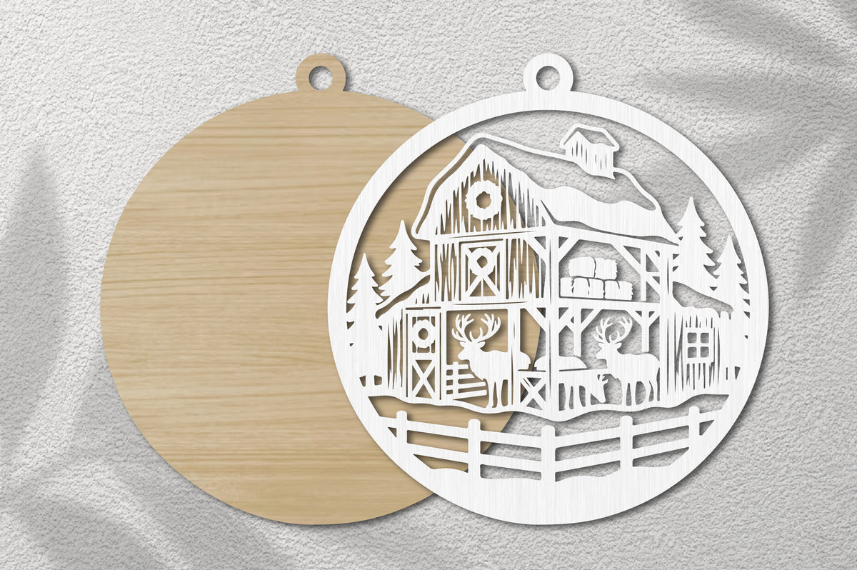 Christmas Reindeer Barn Ornament SVG | Winter Farmhouse Laser Cut Design