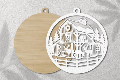 Christmas Reindeer Barn Ornament SVG | Winter Farmhouse Laser Cut Design