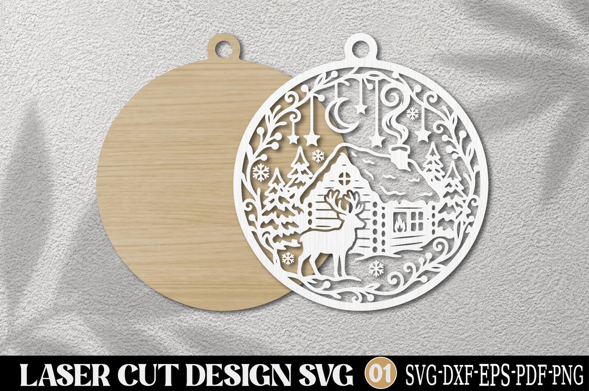 Christmas Reindeer Cabin Ornament SVG | Winter Woodland Laser Cut Design
