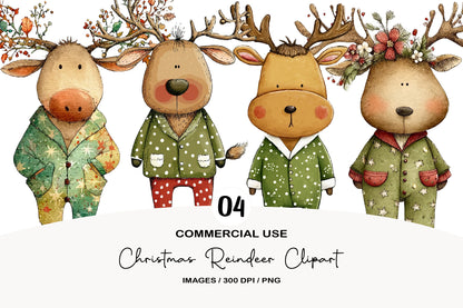 Christmas Reindeer Clipart PNG Bundle | Cute Watercolor Holiday Reindeer Clipart | Festive Christmas Deer PNG