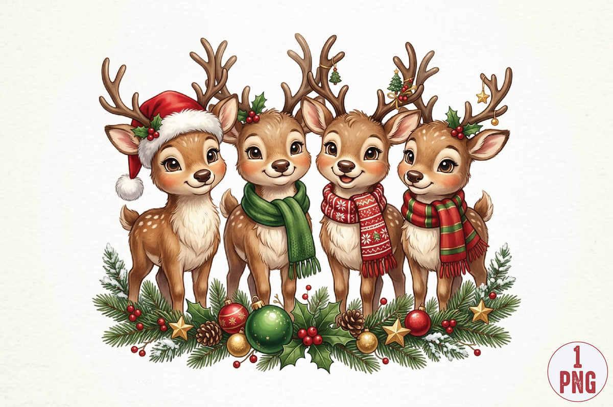 Christmas Reindeer Family PNG, Cute Reindeer Christmas Clipart, Woodland Deer Holiday Sublimation Design