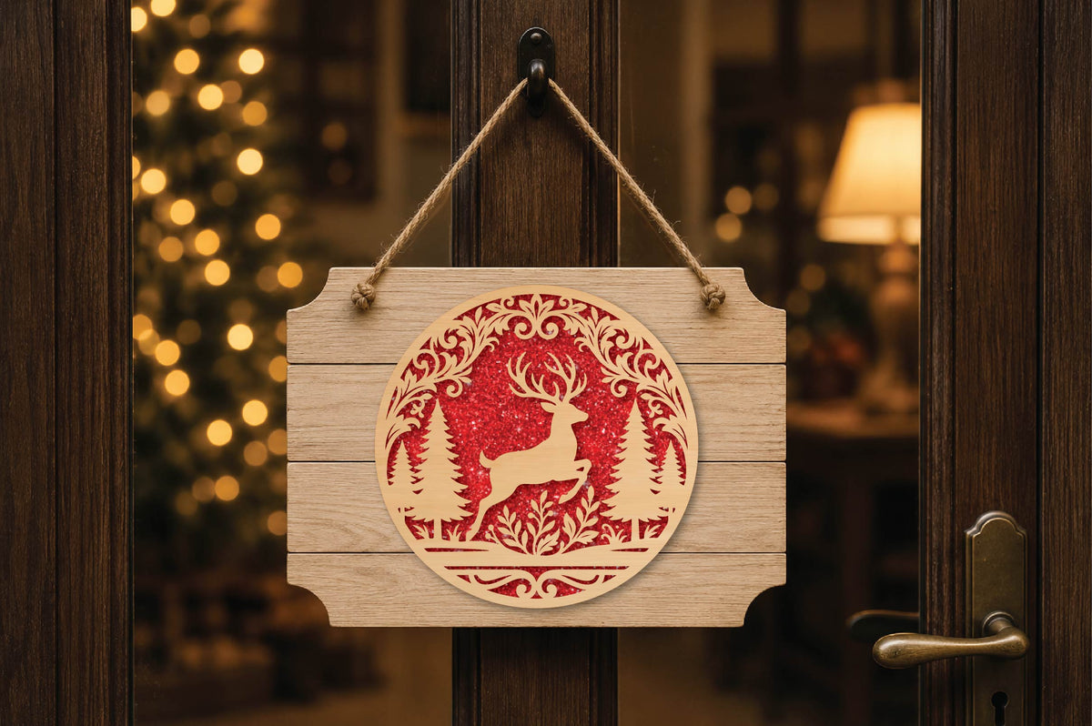 Christmas Reindeer Forest Laser Cut SVG, Deer Christmas Ornament Cut File, Woodland Reindeer Holiday Decor