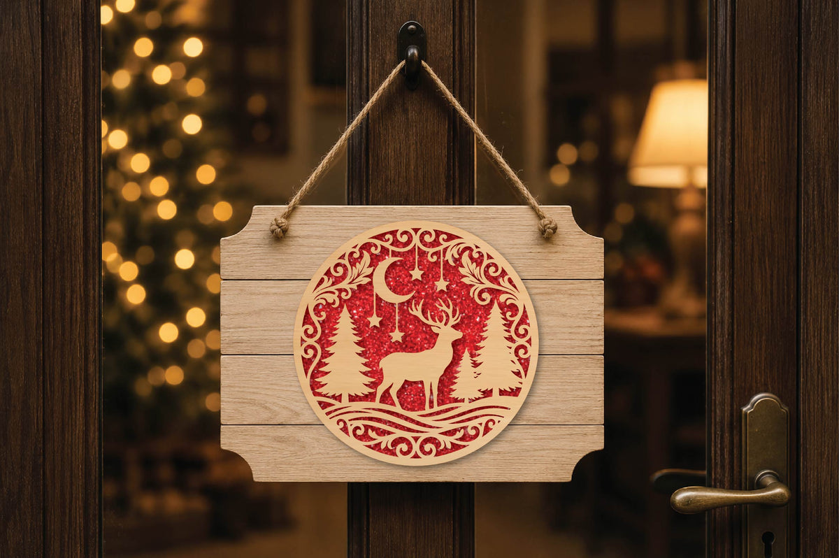 Christmas Reindeer Forest Laser Cut SVG, Deer Christmas Ornament Cut File, Woodland Holiday Decoration