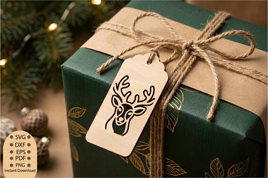 Christmas Reindeer Gift Tag Laser Cut SVG, Reindeer Gift Tag Cut File, Christmas Gift Tag SVG, Holiday Packaging Design