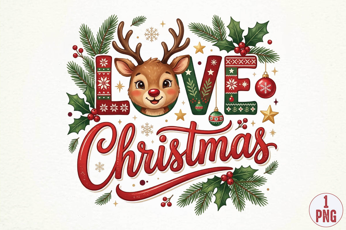Christmas Reindeer Love PNG, Cute Deer Christmas Clipart, Love Christmas Sublimation Design