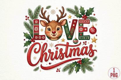 Christmas Reindeer Love PNG, Cute Deer Christmas Clipart, Love Christmas Sublimation Design
